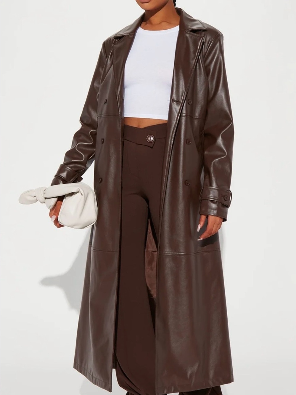Fashion Nova Brown Faux Leather Double-Breasted Long Trench - Picture 3 of 8